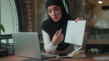 Hindu Müslüman iş kadını tesettür yöneticisi danışmanı bayan İslamcı iş kadını şirket pazarlama bütçe değerlendirmesi konferansı hakkında danışmanlık yapan müşteriyle konuşuyor.