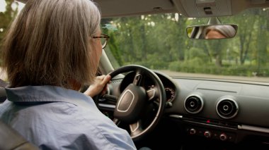 Kafkasyalı olgun iş kadını. Gözlüklü yaşlı iş kadını. Taksi şoförü. Direksiyon direksiyonunun direksiyonunu dikiz aynasında tutuyor.