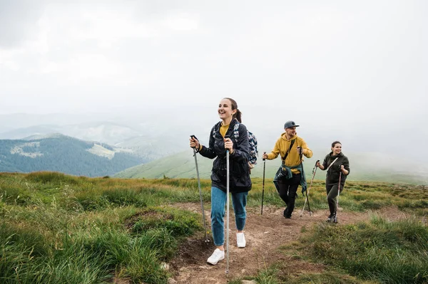 Aktif yaşam tarzı. Bir grup aktif genç arkadaş dağlarda yürüyüşe çıktı, spor kıyafetleri ve neşeli ruh halleriyle dağın tepesine tırmandılar.
