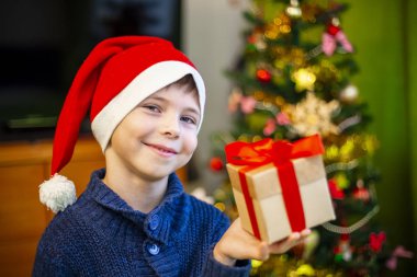 Noel Baba şapkalı Noel ağacı için çocuk