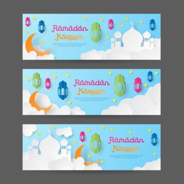 Ramazan kareem tasarım arka plan. Kağıt geleneksel fenerler, ay ve yıldız kes. Vektör çizim.