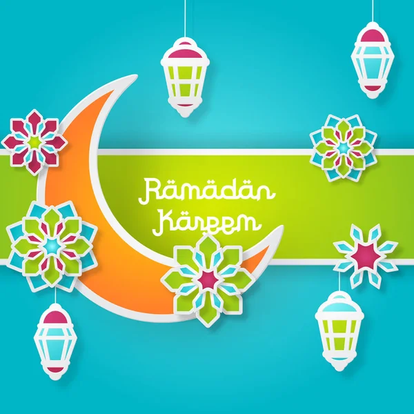 Ramadán Kareem Provedení Pozadí Papírové Květiny Tradiční Lucerny Měsíc Hvězdy — Stockový vektor