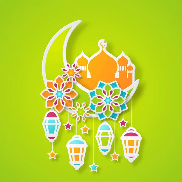 Ramadan Kareem Design Fundo Papel Flores Cortadas Lanternas Tradicionais Lua — Vetor de Stock