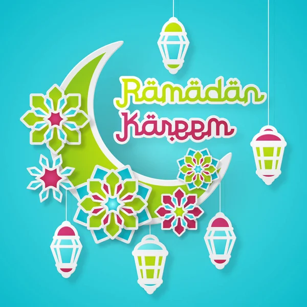 Ramadan Kareem Design Background Paper Cut Flowers Traditional Lanterns Moon — Stock Vector