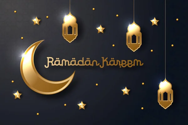 Ramadan Kareem Greeting Card Design Islamic Gold Moon Star Lantern — Stock Vector