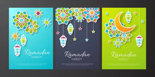 Conjunto Banner Ramadan Kareem Papel Flores Cortadas Lanternas Tradicionais Lua — Vetor de Stock