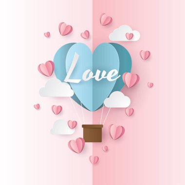Balon kalp ve bulutlar ile mutlu Sevgililer günü. Kağıdı tarzı kesin. Vektör çizim