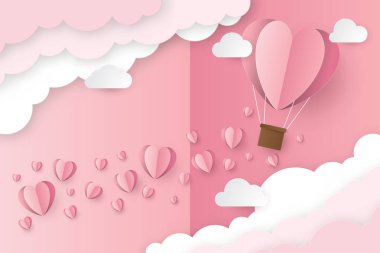 Balon kalp ve bulutlar ile mutlu Sevgililer günü. Kağıdı tarzı kesin. Vektör çizim