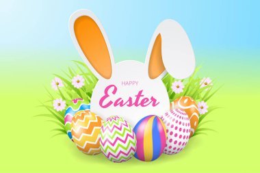 Mutlu Paskalya arka plan şablonu güzel çiçek, çimen ve yumurta ile. Tebrik kartı vektör çizim