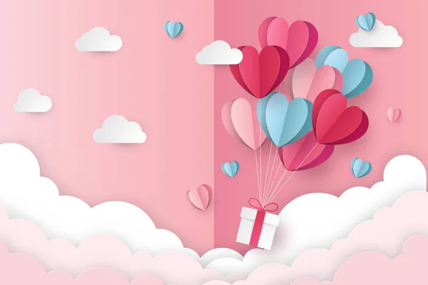Illustration Amour Saint Valentin Avec Ballon Coeur Cadeau Nuages Style — Image vectorielle