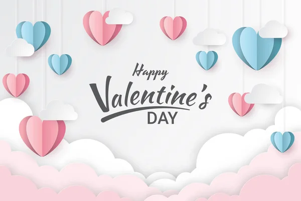 Happy valentine\'s day with balloon heart and clouds. Paper cut style. Vector illustration