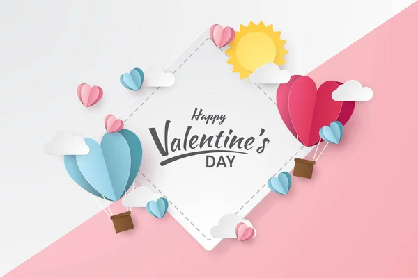 Happy Valentine Day Balloon Heart Sun Clouds Paper Cut Style — Stock Vector