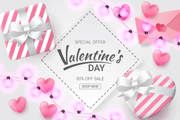 Valentinstag Verkauf Hintergrund Mit Herzförmigen Liebesbrief Geschenk Und Liebe Förmige — Stockvektor