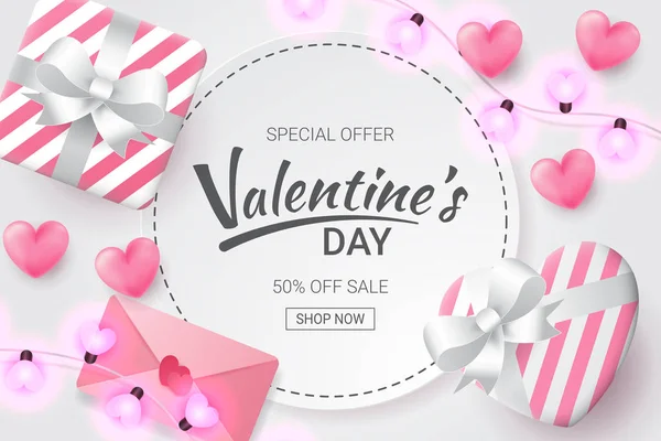 Valentinstag Verkauf Hintergrund Mit Herzförmigen Liebesbrief Geschenk Und Liebe Förmige — Stockvektor