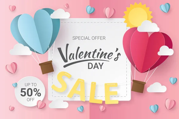 Día San Valentín Fondo Venta Con Globos Corazón Nubes Estilo — Vector de stock