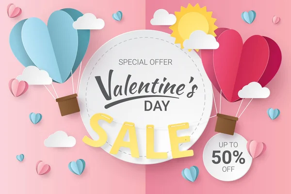 Valentinstag Verkauf Hintergrund Mit Herz Luftballons Und Wolken Papierschnitt Stil — Stockvektor