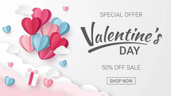 Valentines Day Sale Background Heart Balloons Clouds Paper Cut Style — Stock Vector