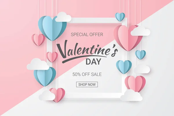 Valentinstag Verkauf Hintergrund Mit Herz Luftballons Und Wolken Papierschnitt Stil — Stockvektor