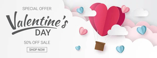 Día San Valentín Fondo Venta Con Globos Corazón Nubes Estilo — Vector de stock