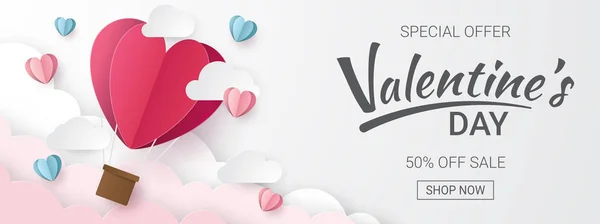 Día San Valentín Fondo Venta Con Globos Corazón Nubes Estilo — Vector de stock