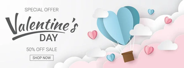 Valentinstag Verkauf Hintergrund Mit Herz Luftballons Und Wolken Papierschnitt Stil — Stockvektor