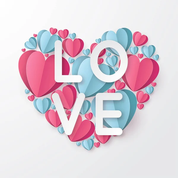Happy Valentine Day Balloon Heart Sun Clouds Paper Cut Style — Stock Vector