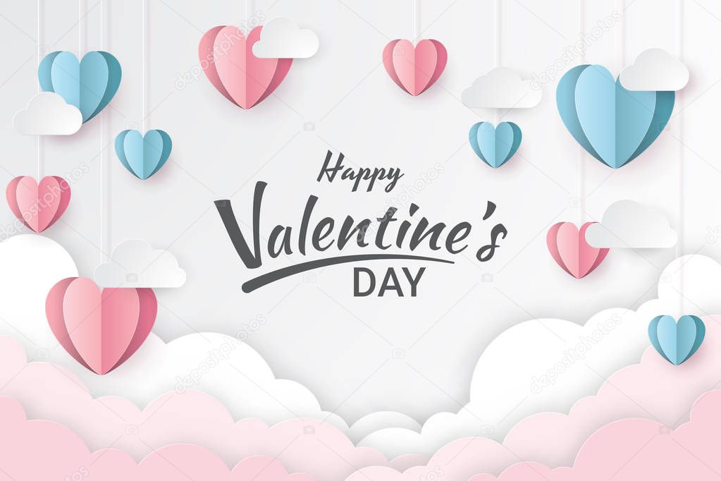Happy valentine's day with balloon heart and clouds. Paper cut style. Vector illustration