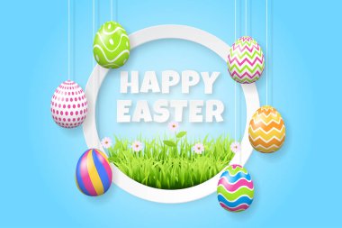 Mutlu Paskalya arka plan şablonu güzel çiçek, çimen ve yumurta ile. Tebrik kartı vektör çizim