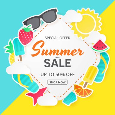 Yaz satış vektör arka plan. Kağıt kesiği. Can için afişler, duvar kağıdı, kullanılan el ilanları, davet, afiş, broşür, fiş indirim. Vektör çizim