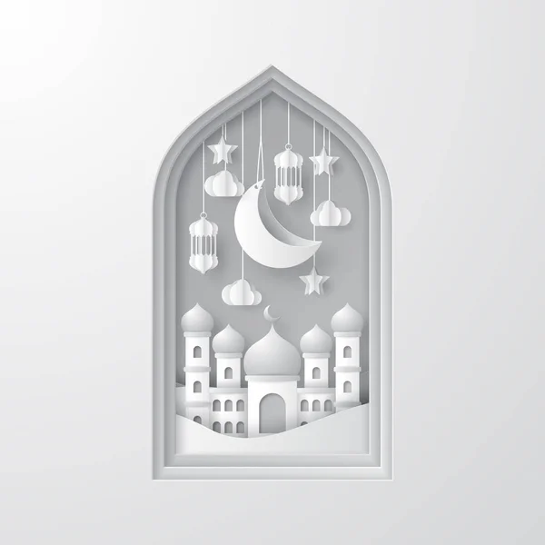 Ramadan Kareem Ilustração Fundo Com Lanternas Árabes Mesquita Lua Estrela — Vetor de Stock