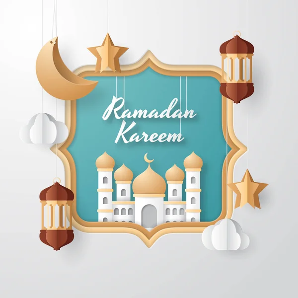 Ramadan Kareem Ilustração Fundo Com Lanternas Árabes Mesquita Lua Estrela — Vetor de Stock