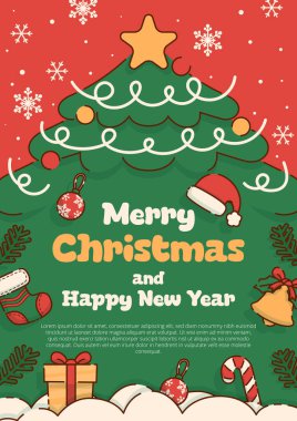 Merry Christmas and Happy New Year Poster with a Pine Tree and Christmas Ornaments .Vector Illustration