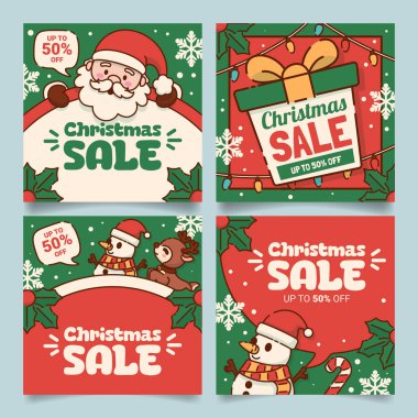Set of Christmas Sale Social Media Posts with Various Festive Illustrations of Santa Claus, Reindeer, and Snowman. Vector Illustration