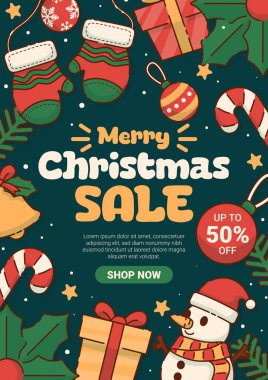 Merry Christmas Sale Poster with a Joyful Snowman, and Presents Christmas Ornaments. Vector Illustration