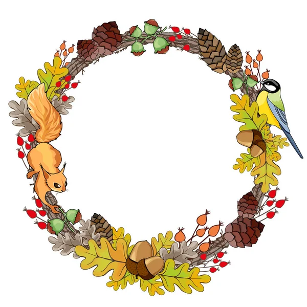 Tarjeta de felicitación con hojas de otoño y lindo animal — Archivo Imágenes Vectoriales