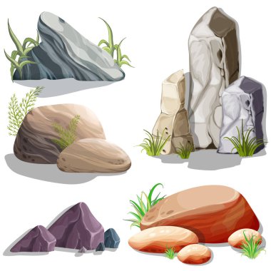İzole edilmiş taşlar, kayalar. Vektör nesneleri. Baskı için parlak arka plan görüntüleri, web grafik tasarımı oluşturmak, kullanıcı arayüzü, kart, poster.