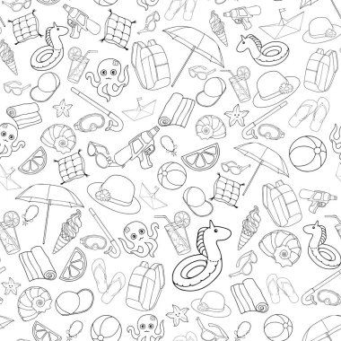 Çocuklar için dikişsiz desen yaz plaj elemanları. Beyaz arka planda yalıtılmış çizim