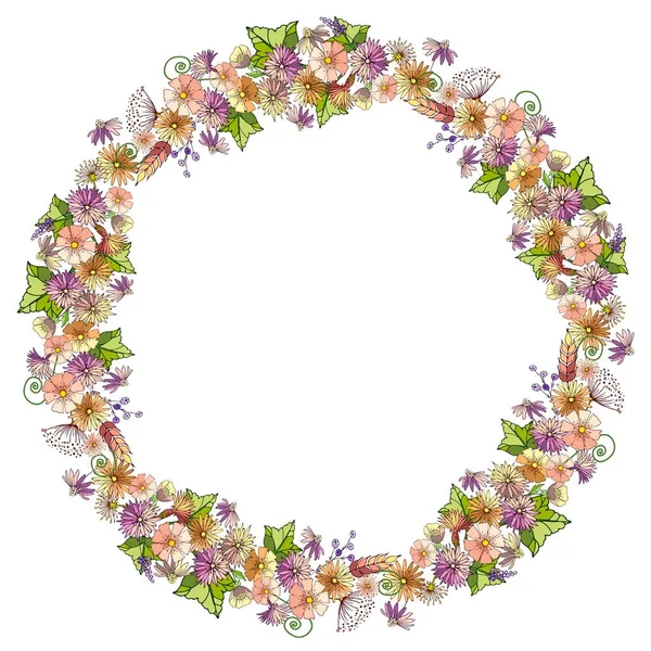 Corona de contorno detallada con flores, hierbas, hojas aisladas en blanco — Archivo Imágenes Vectoriales