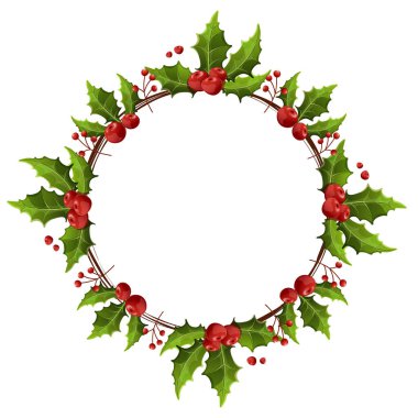 Holly wreath with green leaves and red berries for winter holiday graphic design, greeting card, invitation, postcard. Winter seasonal decoration on white background.