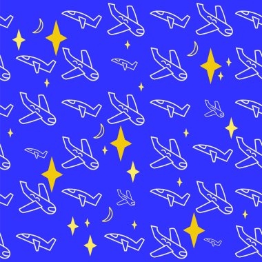 Uçaklar, mavi bir arka plan üzerinde yıldız. Seamless modeli. Vektör.