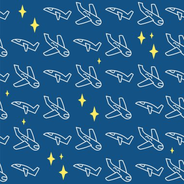 Uçaklar, mavi bir arka plan üzerinde yıldız. Seamless modeli. Vektör.