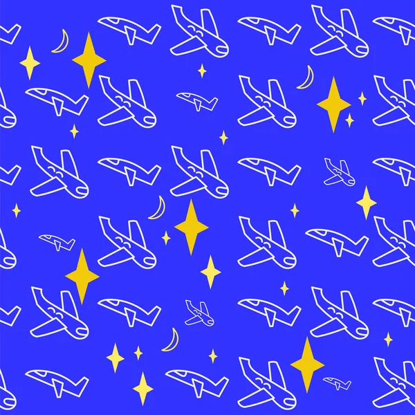 Uçaklar, mavi bir arka plan üzerinde yıldız. Seamless modeli. Vektör.