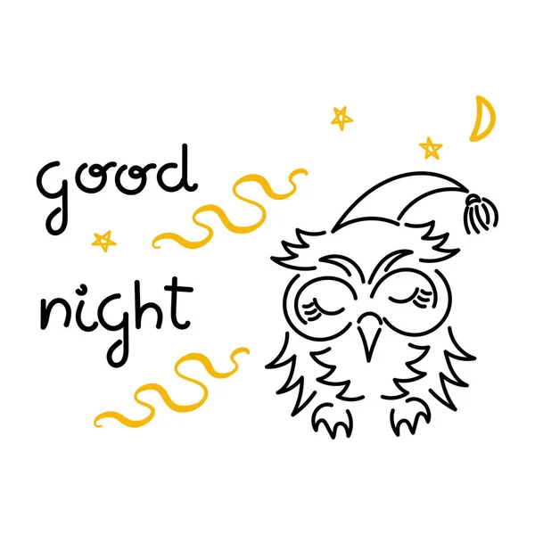 Tekst Dobranoc Sowa Księżyc Gwiazdy Rysowania Ręcznego Wektor Ilustracja Białym — Wektor stockowy