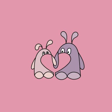 Sevgi dolu sevimli canavarlar kalp ile. El çizimi, vektör çizim.