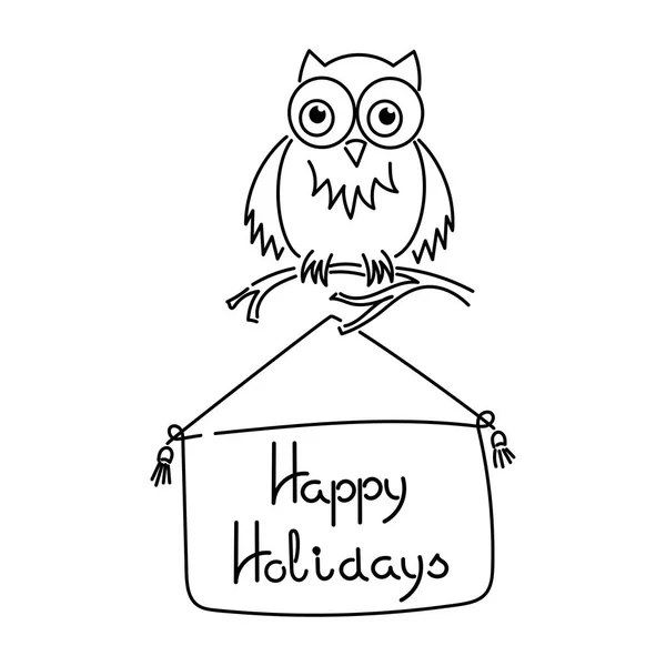 Şirin Baykuş Dal Happy Holidays Işareti Üzerinde Yazıt Çizim Vektör — Stok Vektör