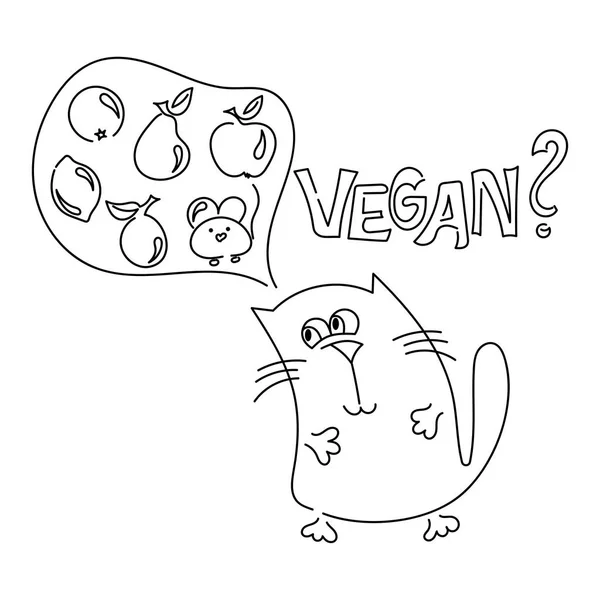 Lindo gato vegetariano. Frutas, ratón, texto "vegano". Dibujo a mano, contorno, ilustración vectorial . — Archivo Imágenes Vectoriales