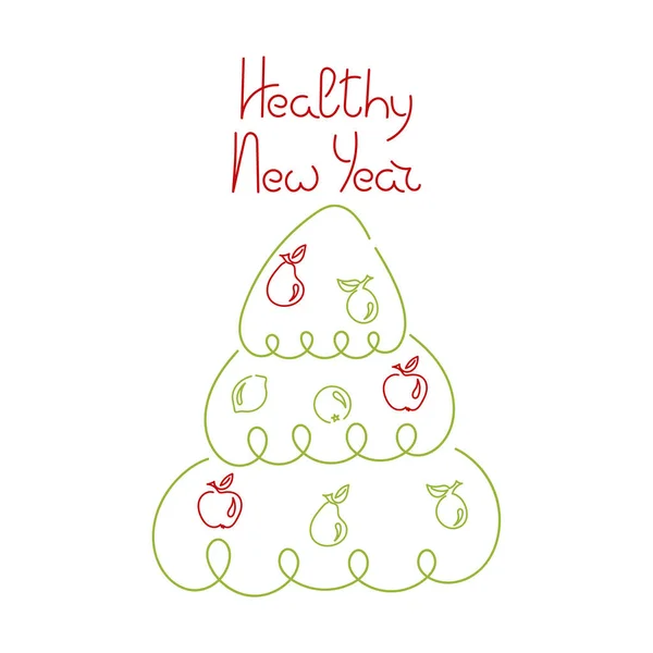 Ano Novo saudável, frase motivacional. Árvore de Natal decorada com fruta. Desenho manual, ilustração vetorial . —  Vetores de Stock