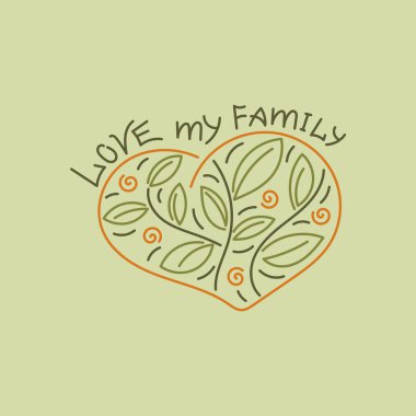 Ailemi sev. Kalbinde çizilmiş bir ağaç. El çizimi vektör illüstrasyonu