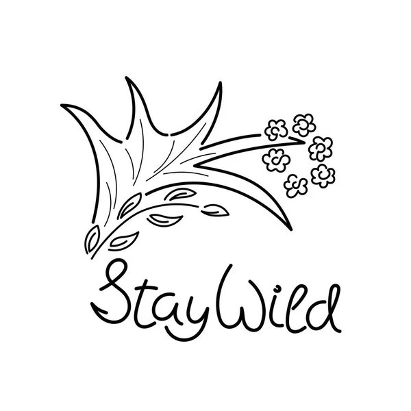Kata Stay Wild Rusa Tanduk Karangan Bunga Garis Besar Ilustrasi - Stok Vektor