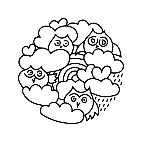 Aranyos Baglyok Felhők Szivárvány Szívét Kézzel Rajzolt Vektoros Illusztráció — Stock Vector